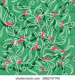 Patrón floral sin fisuras con bayas, ramas y hojas. Verde suave, fondo de plantas. Patrón de Navidad.