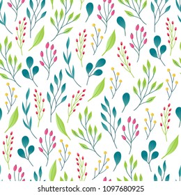 Floral seamless pattern with berries, leaves and branches. Perfect for wedding invitations, spring and summer greeting cards.
