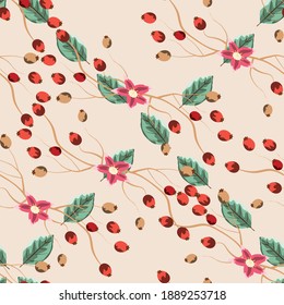 Floral seamless pattern with berries, leaves and branches. For textile, paper, packaging, wallpaper. Vector pattern.
