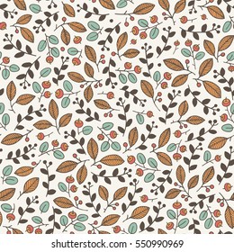 Floral seamless pattern with berries, leaves and branches. Vector illustration