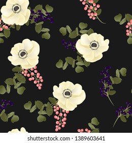 Floral seamless pattern with berry and anemone flower bouquet. Great for fabric, textile, wrap, background, surface.