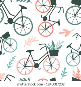 Floral seamless pattern with bicycles and flowers. Cute hand drawn illustration. Spring vector background, surface, textures for textile, wallpaper, paper, web page
