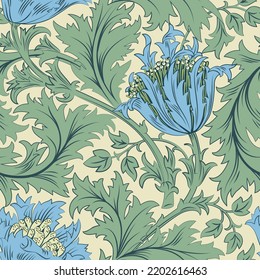 Floral seamless pattern with big blue poppy with green foliage on light background. Pastel colors. Vector illustration.