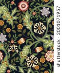 Floral seamless pattern with big flowers and foliage on dark background. Vector illustration.