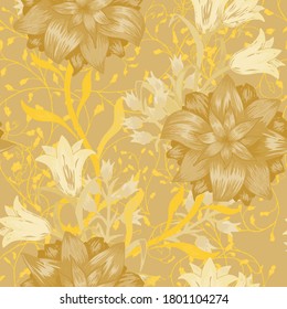 Patrón floral sin foco con grandes flores. Ornamento con Aster, Bluebell y Mayo-lily para el mantel de falda de tela. Patrón de cosecha. Colorido Informe. Flores sin vectores.