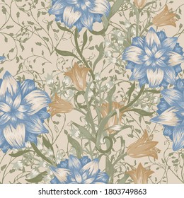 Floral Seamless Pattern with Big Flowers. Ornament with Aster, Bluebell and May-lily for Skirt Tablecloth Dress. Colorful Rapport. Retro Pattern. Vector Seamless Flowers.