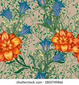 Floral Seamless Pattern with Big Flowers. Ornament with Aster, Bluebell and May-lily for Linen Print Shirt. Vintage Pattern. Colorful Rapport. Vector Seamless Flowers.