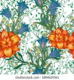 Floral Seamless Pattern with Big Flowers. Ornament with Aster, Bluebell and May-lily for Shirt Dress Tablecloth. Trendy Pattern. Vector Seamless Flowers. Colorful Rapport.