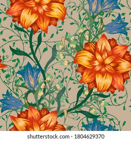 Floral Seamless Pattern with Big Flowers. Ornament with Aster, Bluebell and May-lily for Tablecloth Cloth Swimwear. Vintage Pattern. Colorful Rapport. Vector Seamless Flowers.