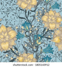 Floral Seamless Pattern with Big Flowers. Ornament with Aster, Bluebell and May-lily for Textile Print Shirt. Vector Seamless Flowers. Trendy Pattern. Colorful Rapport.