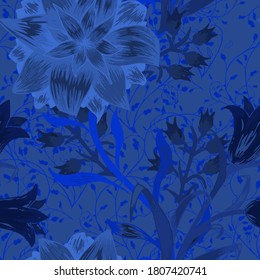 Floral Seamless Pattern with Big Flowers. Ornament with Aster, Bluebell and May-lily for Cloth Tablecloth Swimwear. Vector Seamless Flowers. Colorful Rapport. Modern Pattern.