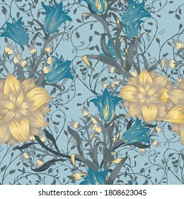 Floral Seamless Pattern with Big Flowers. Ornament with Aster, Bluebell and May-lily for Wallpaper Cloth Swimwear. Colorful Rapport. Trendy Pattern. Vector Seamless Flowers.