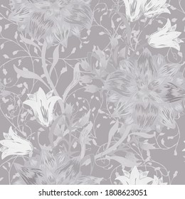 Floral Seamless Pattern with Big Flowers. Ornament with Aster, Bluebell and May-lily for Wallpaper Curtains Cloth. Vector Seamless Flowers. Modern Pattern. Colorful Rapport.