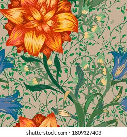 Floral Seamless Pattern with Big Flowers. Ornament with Aster, Bluebell and May-lily for Blouse Print Textile. Colorful Rapport. Vector Seamless Flowers. Modern Pattern.