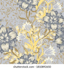 Floral Seamless Pattern with Big Flowers. Ornament with Aster, Bluebell and May-lily for Wallpaper Cloth Swimwear. Colorful Rapport. Trendy Pattern. Vector Seamless Flowers.