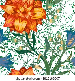 Floral Seamless Pattern with Big Flowers. Ornament with Aster, Bluebell and May-lily for Print Curtains Tablecloth. Colorful Rapport. Vector Seamless Flowers. Trendy Pattern.