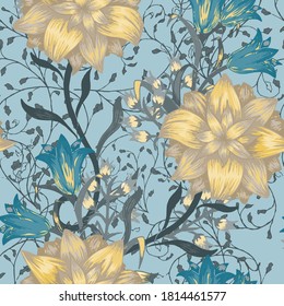 Floral Seamless Pattern with Big Flowers. Ornament with Aster, Bluebell and May-lily for Shirt Blouse Skirt. Colorful Rapport. Trendy Pattern. Vector Seamless Flowers.