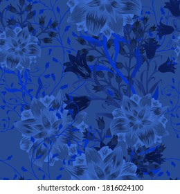 Floral Seamless Pattern with Big Flowers. Ornament with Aster, Bluebell and May-lily for Wallpaper Cloth Swimwear. Colorful Rapport. Trendy Pattern. Vector Seamless Flowers.
