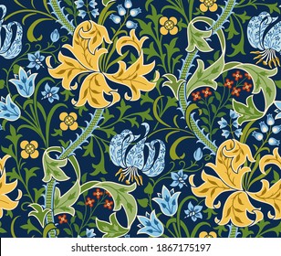 Floral seamless pattern with big flowers, lily and foliage on dark green background. Vector illustration.