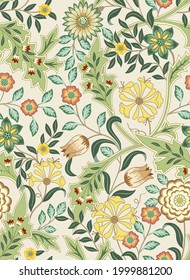 Floral seamless pattern with big flowers and foliage on a light background. Vector illustration.