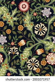 Floral seamless pattern with big flowers and foliage on dark background. Vector illustration.