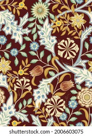 Floral seamless pattern with big flowers and foliage on dark brown background. Vector illustration.