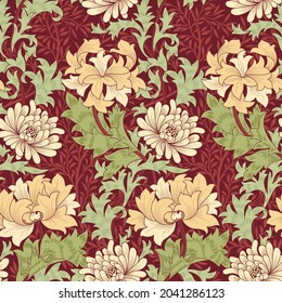 Floral seamless pattern with big flowers on burgundy background. Vector illustration.