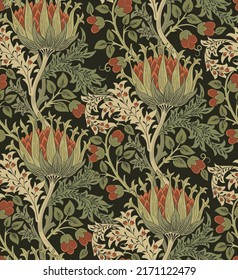 Floral seamless pattern with big flowers and foliage on dark background. Vector illustration.