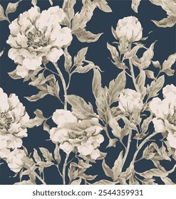 Floral seamless pattern with big flowers and Vector illustration.seamless floral watercolor pattern with garden pink, flowers roses, leaves, branches. Botanic tile, background.