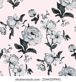 Padrão floral sem emenda com flores grandes e Vetor illust.algures florais sem emenda padrão com rosa jardim, flores rosas, folhas, ramos. Ladrilho botânico, fundo.