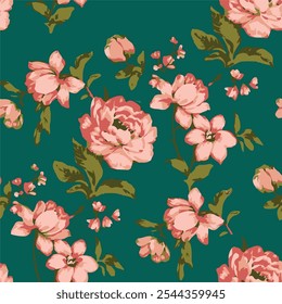 Floral seamless pattern with big flowers and Vector illustration.seamless floral watercolor pattern with garden pink, flowers roses, leaves, branches. Botanic tile, background.