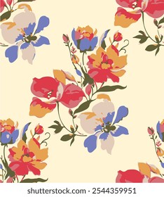 Floral seamless pattern with big flowers and Vector illustration.seamless floral watercolor pattern with garden pink, flowers roses, leaves, branches. Botanic tile, background.