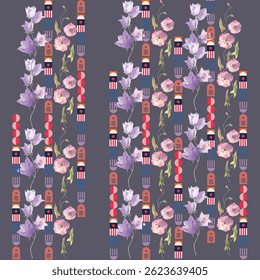 Padrão floral sem emenda com flores grandes e Vetor illust.algures florais sem emenda padrão com rosa jardim, flores rosas, folhas, ramos. Ladrilho botânico, fundo.