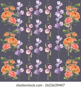 Floral seamless pattern with big flowers and Vector illustration.seamless floral watercolor pattern with garden pink, flowers roses, leaves, branches. Botanic tile, background.