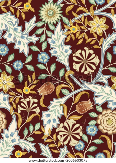 Floral seamless pattern with big flowers and foliage on dark brown background. Vector illustration.
