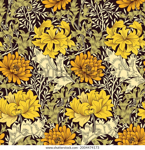 Floral seamless pattern with big golden flowers and foliage on dark background. Vector illustration.