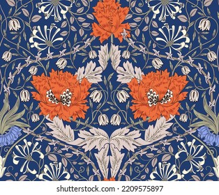 Floral seamless pattern with big orange flowers on dark blue background. Vector illustration.