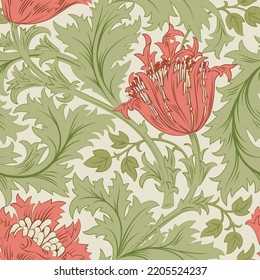 Floral seamless pattern with big pink poppy with green foliage on light background. Vector illustration.