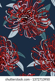 Floral Seamless pattern. Big Red african Protea flowers and leaves on a dark background. Textile composition, hand drawn style print. Vector illustration.