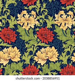 Floral seamless pattern with big red flowers on dark blue background. Classic colors. Vector illustration.