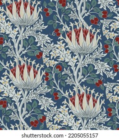 Floral seamless pattern with big red flowers and foliage on dark blue background. Vector illustration.