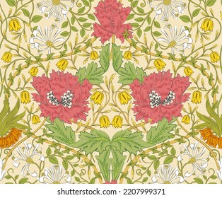 Floral seamless pattern with big red flowers on light background. Vector illustration.