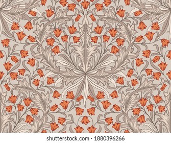 Floral seamless pattern with big and small orange flowers on light background. Vector illustration.