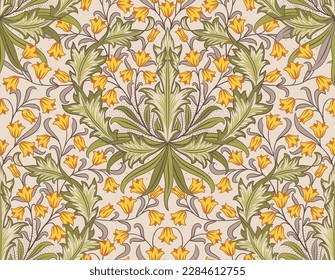 Floral seamless pattern with big and small yellow flowers on light background. Vector illustration.