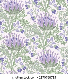 Floral seamless pattern with big violet flowers and green foliage on light background. Pastel colors. Vector illustration.