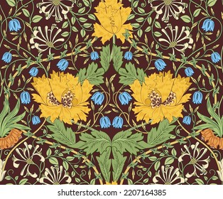 Floral seamless pattern with big yellow flowers on burgundy background. Vector illustration.