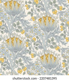Floral seamless pattern with big yellow flowers and foliage on light background. Pastel colors. Vector illustration.