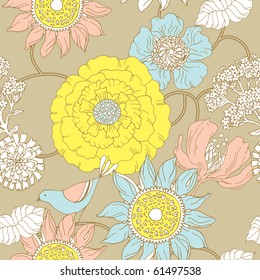 floral seamless pattern with bird