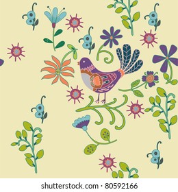 floral seamless pattern with bird