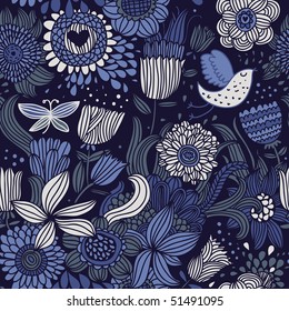 Floral seamless pattern with bird and butterfly in blue
